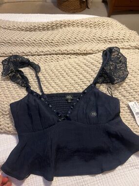 Pacsun Everly Navy Lace-Trim Smocked V-Neck Tank